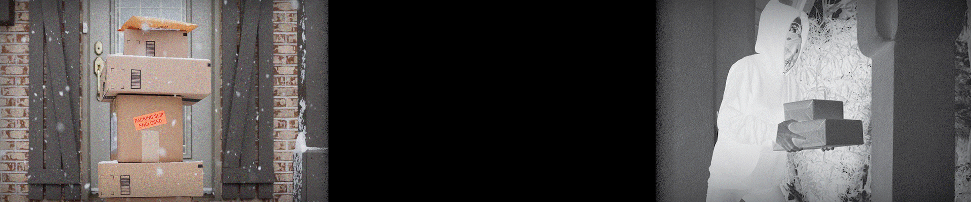 Boxes stacked up on top of one another while it snows and capturing a thief on a video doorbell camera stealing those packages at night