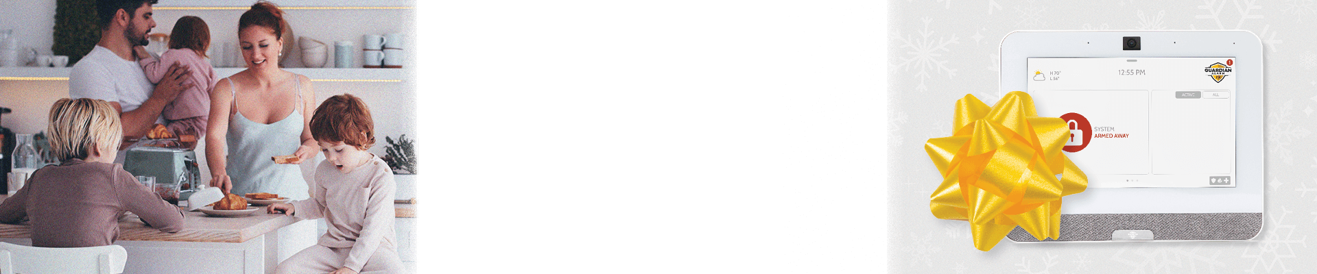 A family of five enjoying their breakfast together during the holidays with the MyGuardianAlarm security panel decorated with a yellow bow.